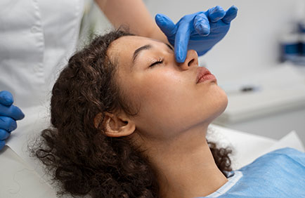 Dra Debora Reis – Rinomodelação Profissional analisando perfil nasal de paciente antes da aplicação de preenchedor para rinomodelação